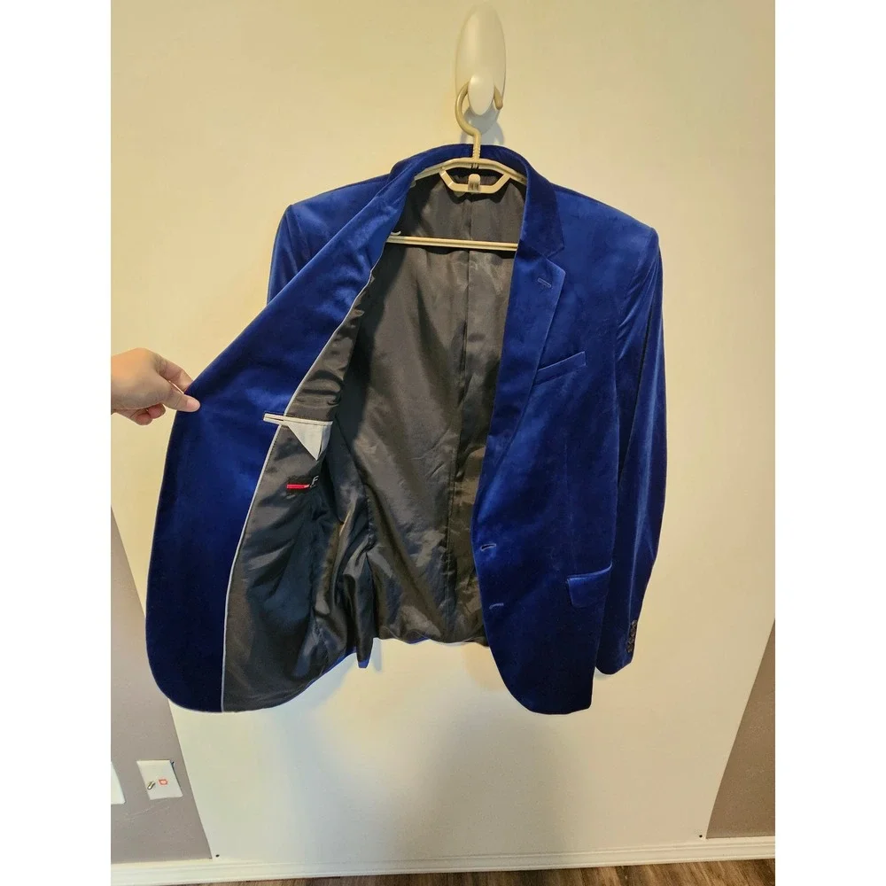 Royal Blue Velvet Blazer 44L Two Button Sport Coat Jacket Event Formal Holiday